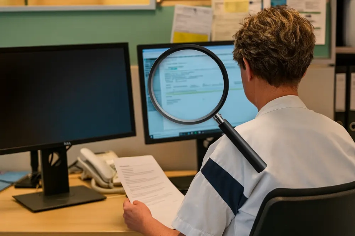 Zorgmedewerker in witte uniform zit achter bureau en bekijkt patiëntgegevens op computerscherm, met vergrootglas over het scherm als visuele metafoor voor nieuwsgierigheid